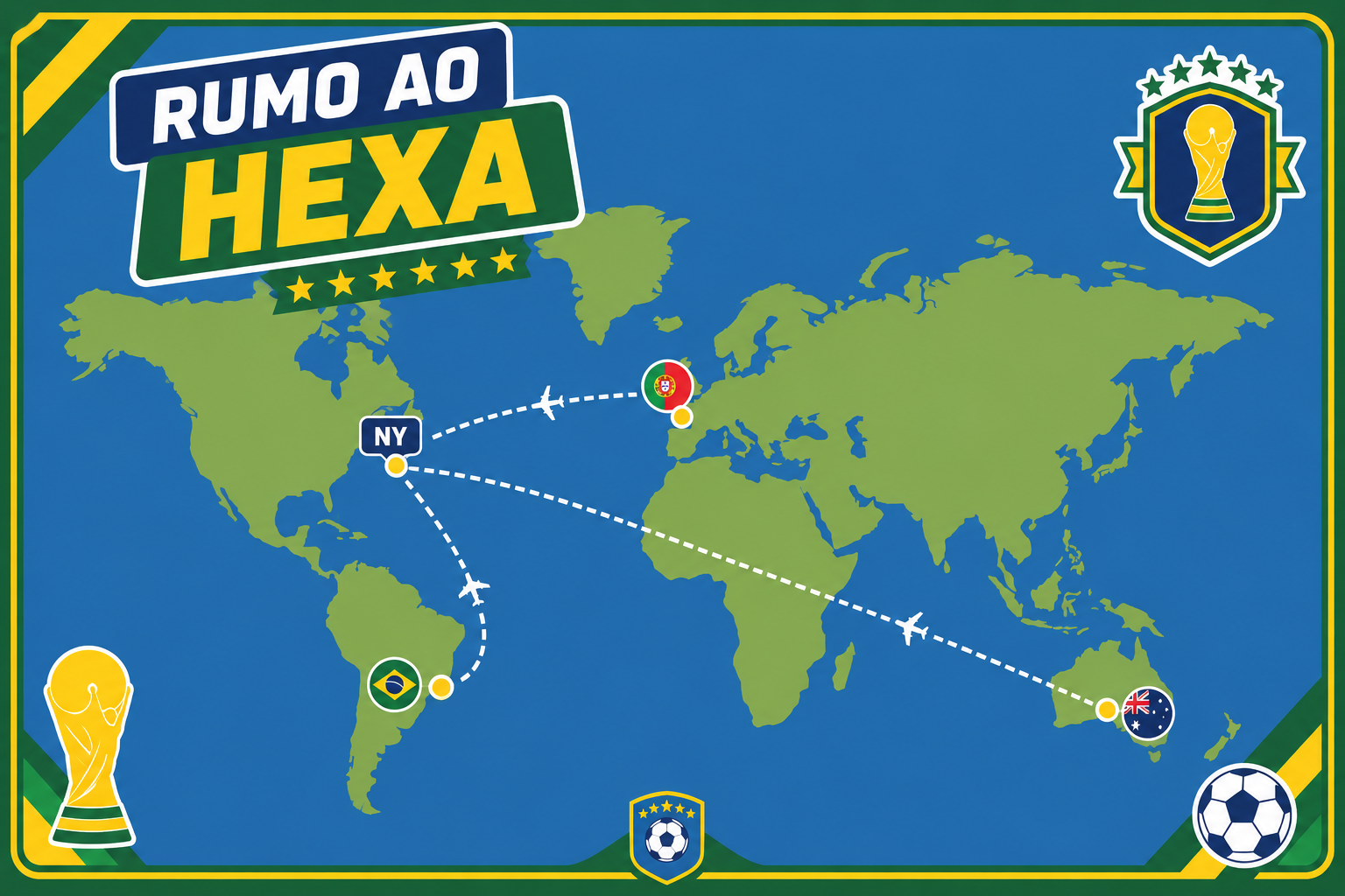 Mapa Rumo ao Hexa: rotas dos brothers de Brasil, Portugal e Austrália até Nova York